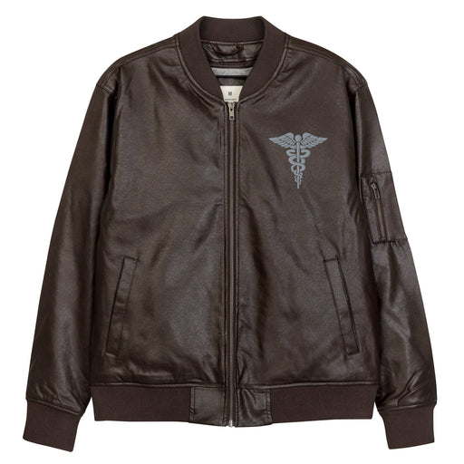 The Hospital Corpsman Embroidered Brown Leather Bomber Jacket featuring a front zipper, front pockets, and a small zippered pocket on the left sleeve.