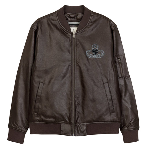 The Master Parachutist Embroidered Brown Leather Bomber Jacket featuring a front zipper, front pockets, and a small zippered pocket on the left sleeve.