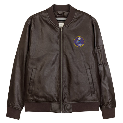 The Navy Seabees Embroidered Brown Leather Bomber Jacket featuring a front zipper, front pockets, and a small zippered pocket on the left sleeve.