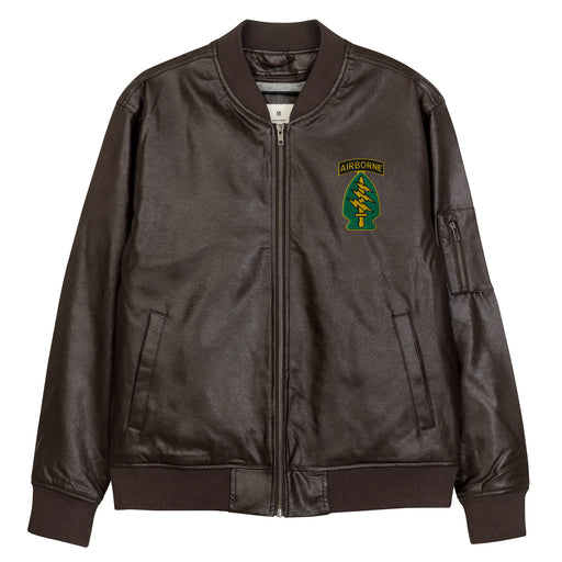 The Special Forces Airborne Embroidered Brown Leather Bomber Jacket featuring a front zipper, front pockets, and a small zippered pocket on the left sleeve.