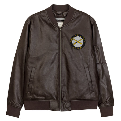 The US Army Field Artillery Embroidered Brown Leather Bomber Jacket featuring a front zipper, front pockets, and a small zippered pocket on the left sleeve.