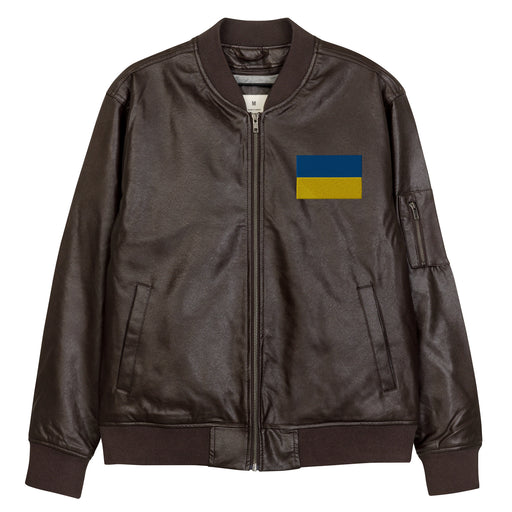 The Ukrainian Flag Embroidered Brown Leather Bomber Jacket featuring a front zipper, front pockets, and a small zippered pocket on the left sleeve.