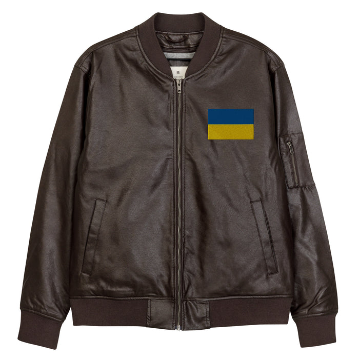 Ukrainian Flag Embroidered Leather Bomber Jacket