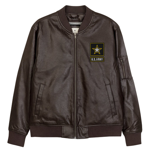 The United States Army Embroidered Brown Leather Bomber Jacket featuring a front zipper, front pockets, and a small zippered pocket on the left sleeve.