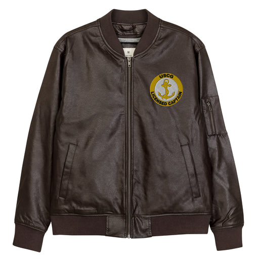 The USCG Licensed Captain Embroidered Brown Leather Bomber Jacket featuring a front zipper, front pockets, and a small zippered pocket on the left sleeve.