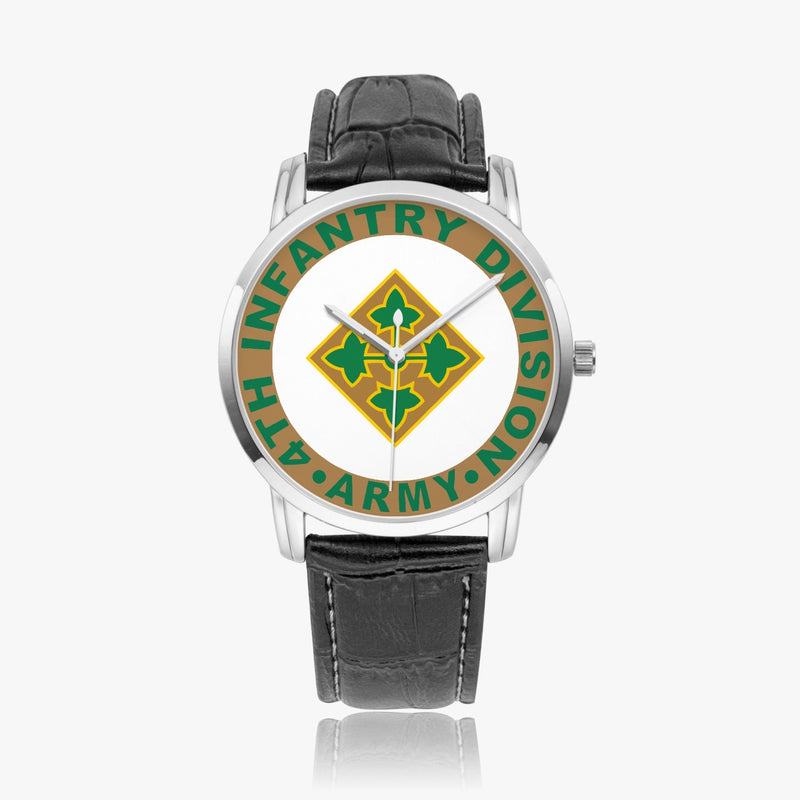 4th Infantry Division-Wide Type Silver Watch with a Black Leather Band