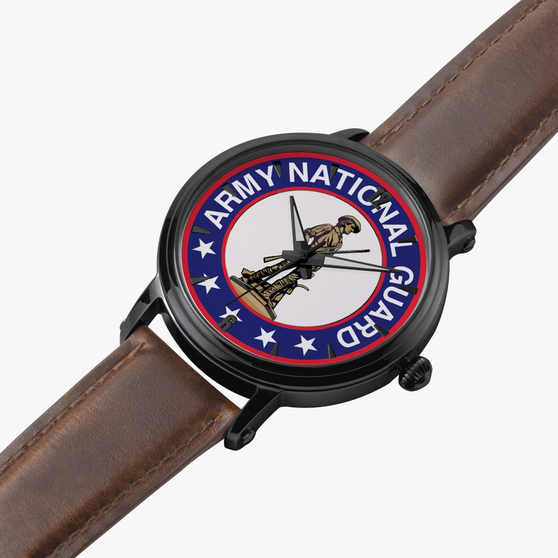 US Army National Guard-46mm Automatic Watch is displayed in a perspective view on a white background with a brown leather band