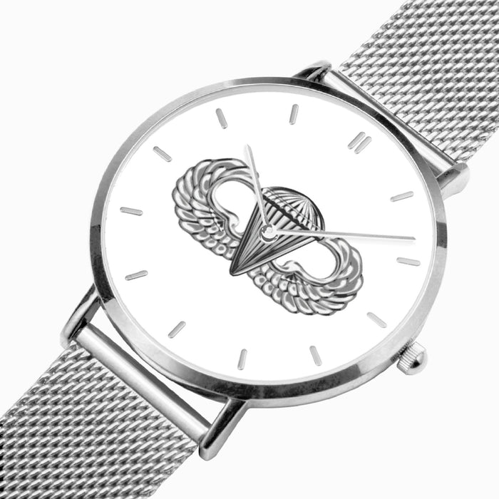 Basic Parachutist-Ultra Thin Leather Strap Quartz Watch (Silver With Indicators)