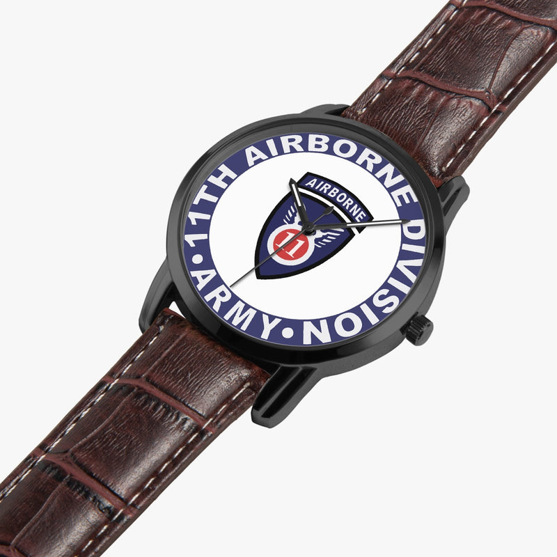 11th Airborne Division-Wide Type Black Watch is displayed in a perspective view on a white background with the brown leather band.