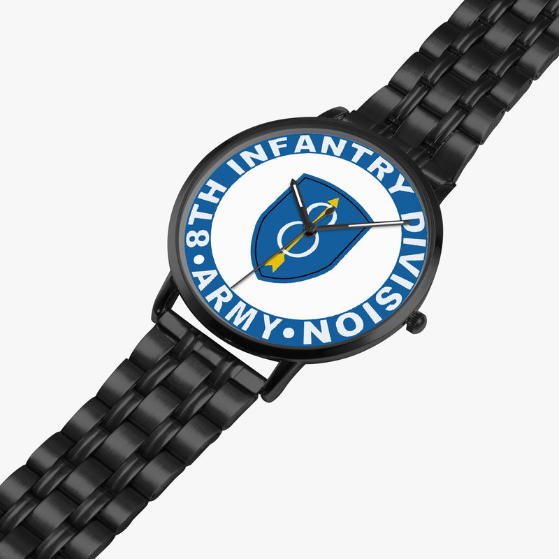 8th Infantry Division Watch is displayed in a perspective view on a white background with the black metal strap stretched out.