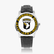101st Airborne Division-Wide Type Silver Watch with a Black Leather Band