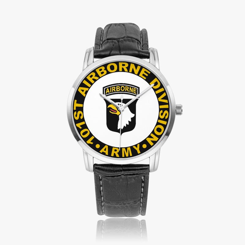 101st Airborne Division-Wide Type Silver Watch with a Black Leather Band