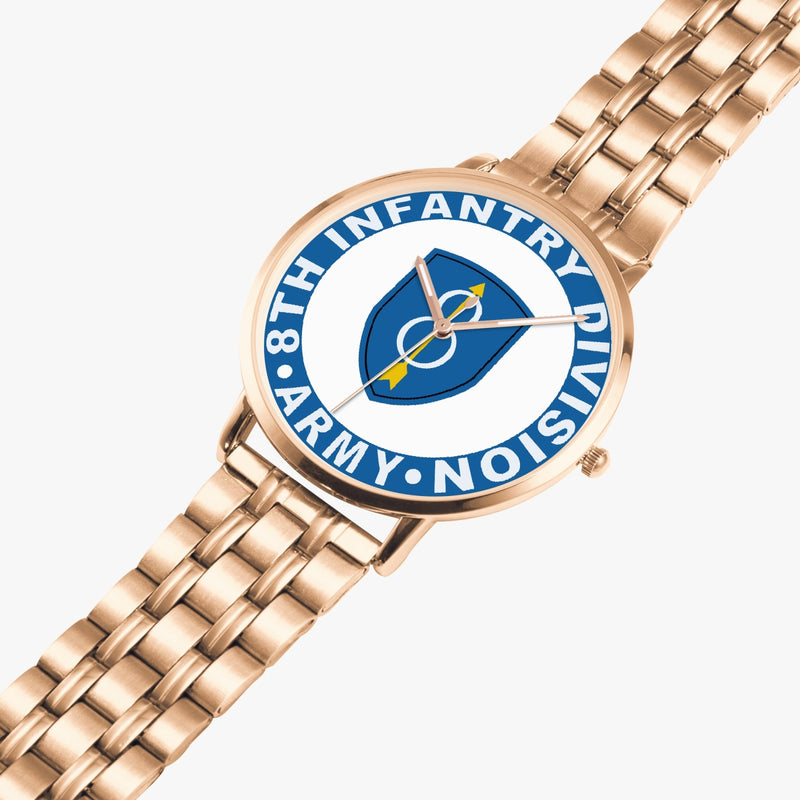 8th Infantry Division Goldtone Watch is displayed in a perspective view on a white background with the gold metal strap stretched out.
