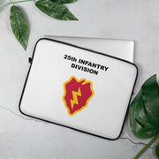 A lightweight and water-resistant white Laptop Sleeve with the 25th Infantry Division logo printed on top. The laptop sleeve is designed to fit a 15" laptop.