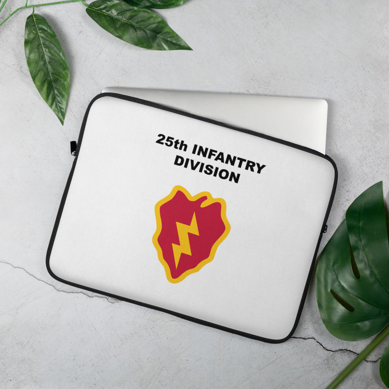 A lightweight and water-resistant white Laptop Sleeve with the 25th Infantry Division logo printed on top. The laptop sleeve is designed to fit a 15" laptop.