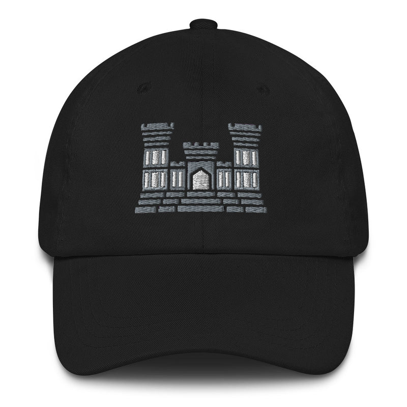 A black Combat Engineer Hat with the logo on the front.  The hat has a curved visor and an adjustable strap at the back.