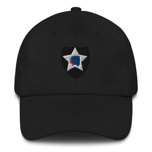 A black 2nd Infantry Division Hat with the logo on the front.  The hat has a curved visor and an adjustable strap at the back.