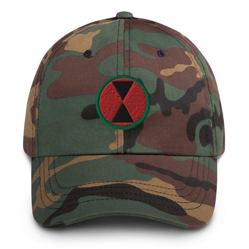 A military style 7th Infantry Division Hat with camouflage and the logo on the front.  The hat has a curved visor and an adjustable strap at the back. 