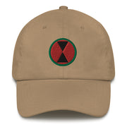 A khaki colored 7th Infantry Division Hat with the logo on the front.  The hat has a curved visor and an adjustable strap at the back.