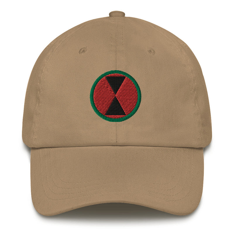 A khaki colored 7th Infantry Division Hat with the logo on the front.  The hat has a curved visor and an adjustable strap at the back.