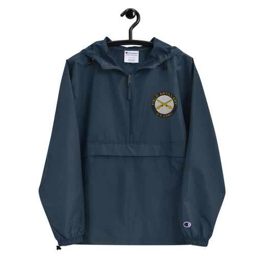 US Army Field Artillery Navy Champion packable jacket with a detailed embroidered logo.