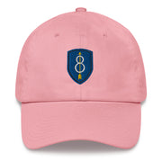 A pink 8th Infantry Division Hat with the logo on the front.  The hat has a curved visor and an adjustable strap at the back.