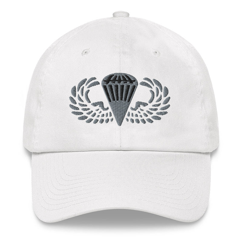 A white Basic Parachutist Hat with the logo on the front.  The hat has a curved visor and an adjustable strap at the back.