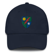 A navy blue 75th Ranger Regiment Hat with the logo on the front.  The hat has a curved visor and an adjustable strap at the back.