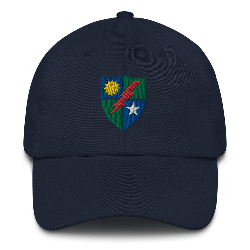 A navy blue 75th Ranger Regiment Hat with the logo on the front.  The hat has a curved visor and an adjustable strap at the back.