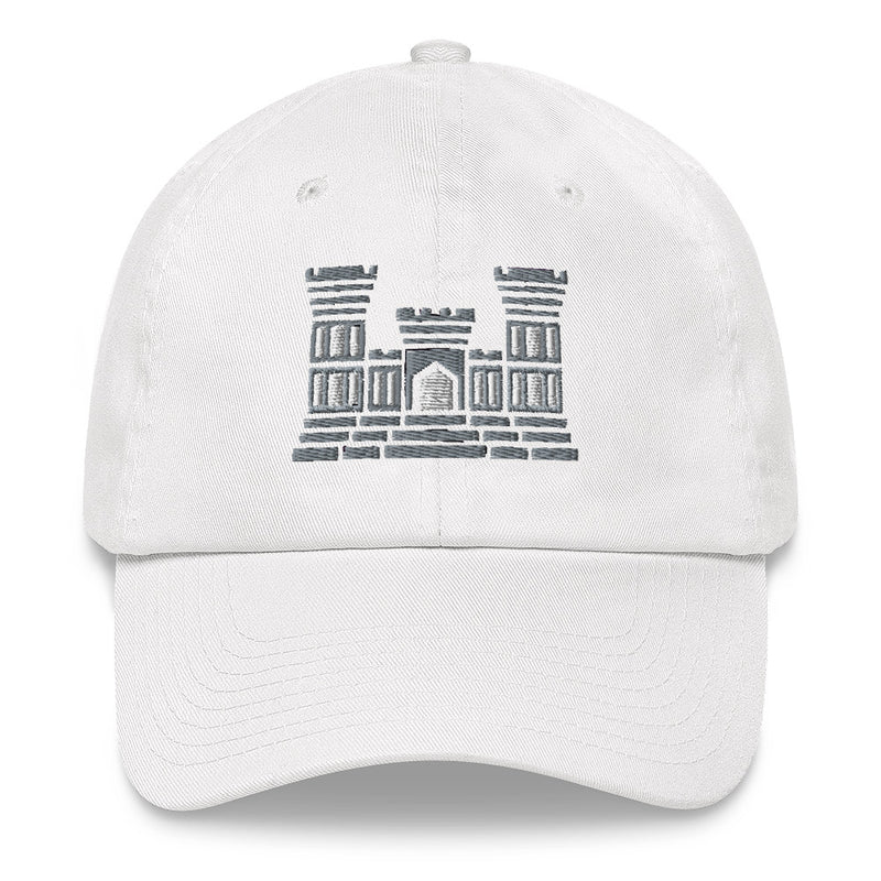 A white Combat Engineer Hat with the logo on the front.  The hat has a curved visor and an adjustable strap at the back.