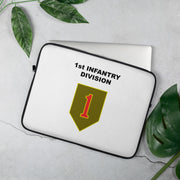 A lightweight and water-resistant white Laptop Sleeve with the 1st Infantry Division logo printed on top. The laptop sleeve is designed to fit a 15" laptop.