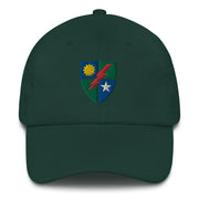 A spruce colored 75th Ranger Regiment Hat with the logo on the front.  The hat has a curved visor and an adjustable strap at the back.