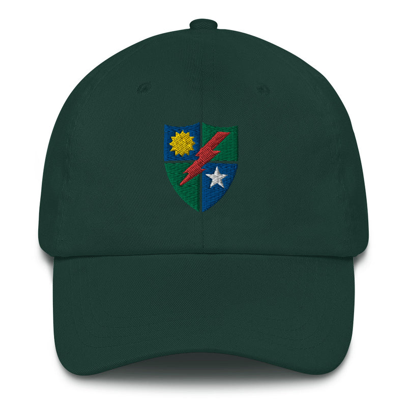 A spruce colored 75th Ranger Regiment Hat with the logo on the front.  The hat has a curved visor and an adjustable strap at the back.
