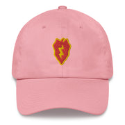 A pink 25th Infantry Division Hat with the logo on the front.  The hat has a curved visor and an adjustable strap at the back.