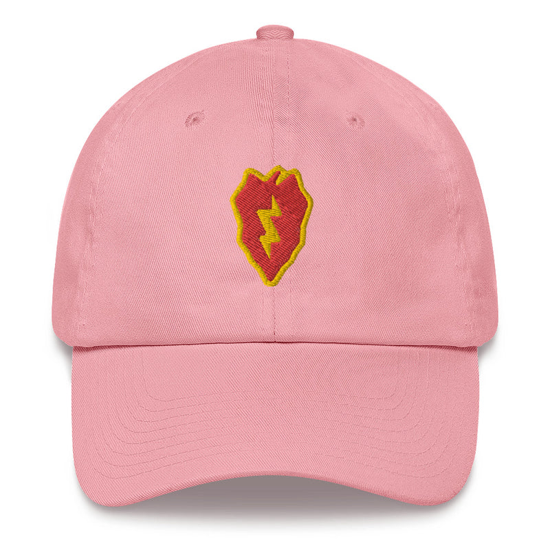 A pink 25th Infantry Division Hat with the logo on the front.  The hat has a curved visor and an adjustable strap at the back.