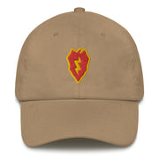 A khaki colored 25th Infantry Division Hat with the logo on the front.  The hat has a curved visor and an adjustable strap at the back.