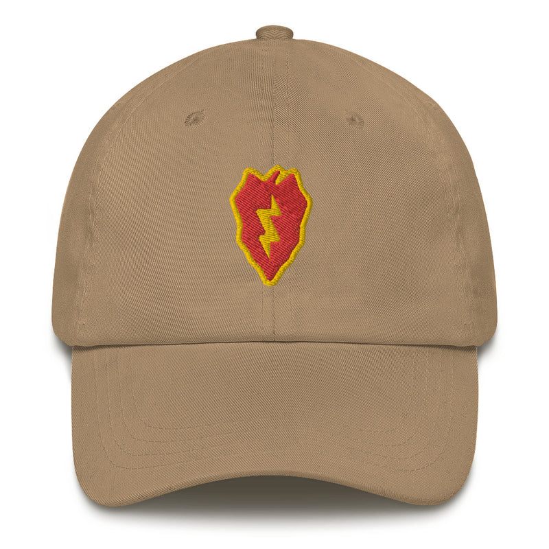 A khaki colored 25th Infantry Division Hat with the logo on the front.  The hat has a curved visor and an adjustable strap at the back.