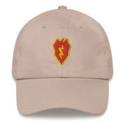 A stone colored 25th Infantry Division Hat with the logo on the front.  The hat has a curved visor and an adjustable strap at the back.
