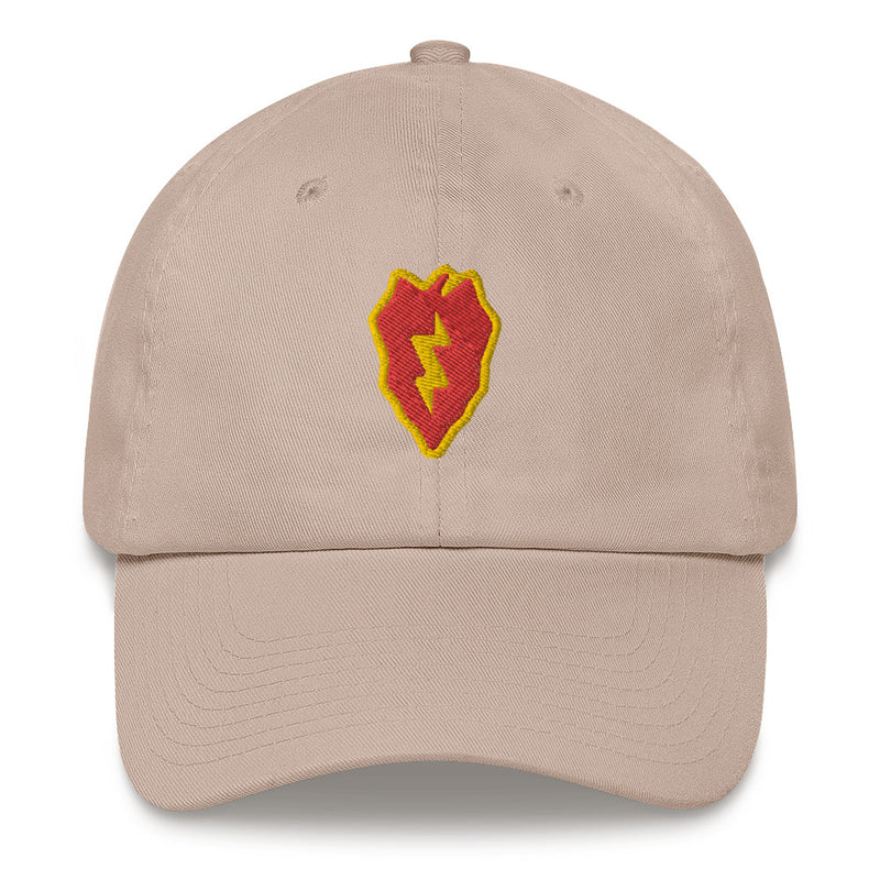 A stone colored 25th Infantry Division Hat with the logo on the front.  The hat has a curved visor and an adjustable strap at the back.