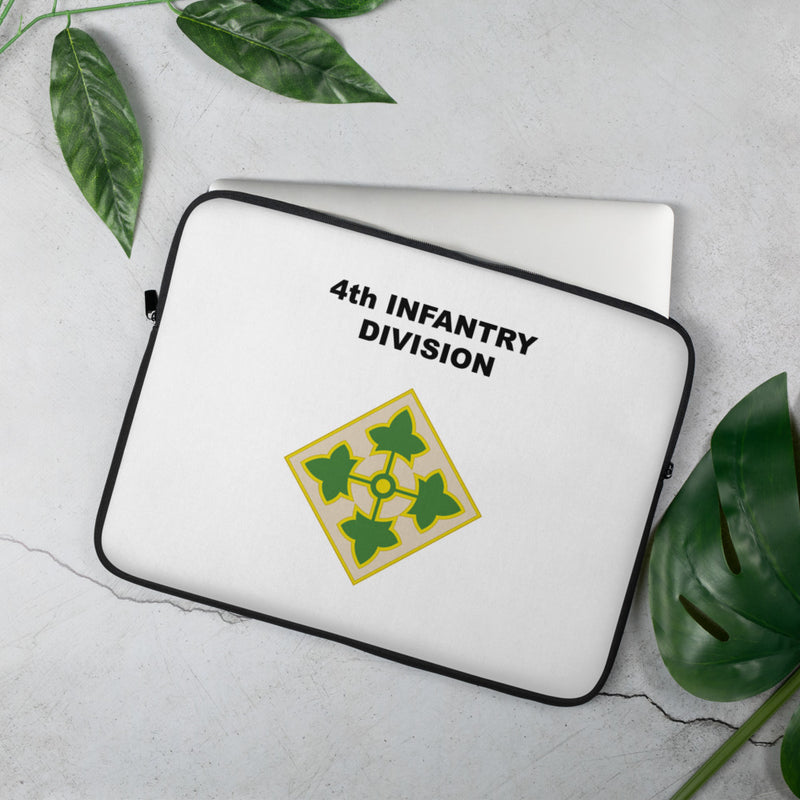 A lightweight and water-resistant white Laptop Sleeve with the 4th Infantry Division logo printed on top. The laptop sleeve is designed to fit a 15" laptop.
