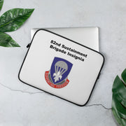 A lightweight and water-resistant white Laptop Sleeve with the 82nd Sustainment Brigade Insignia logo printed on top. The laptop sleeve is designed to fit a 13" laptop.