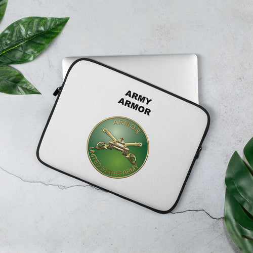 A lightweight and water-resistant white Laptop Sleeve with the Army Armor logo printed on top. The laptop sleeve is designed to fit a 13" laptop.