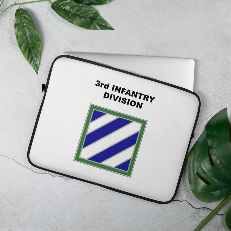 A lightweight and water-resistant white Laptop Sleeve with the 3rd Infantry Division logo printed on top. The laptop sleeve is designed to fit a 15" laptop.