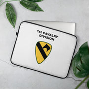 A lightweight and water-resistant white Laptop Sleeve with the 1st Cavalry Division logo printed on top. The laptop sleeve is designed to fit a 15" laptop.