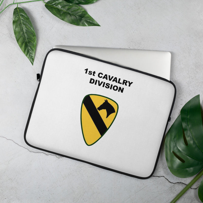 A lightweight and water-resistant white Laptop Sleeve with the 1st Cavalry Division logo printed on top. The laptop sleeve is designed to fit a 15" laptop.