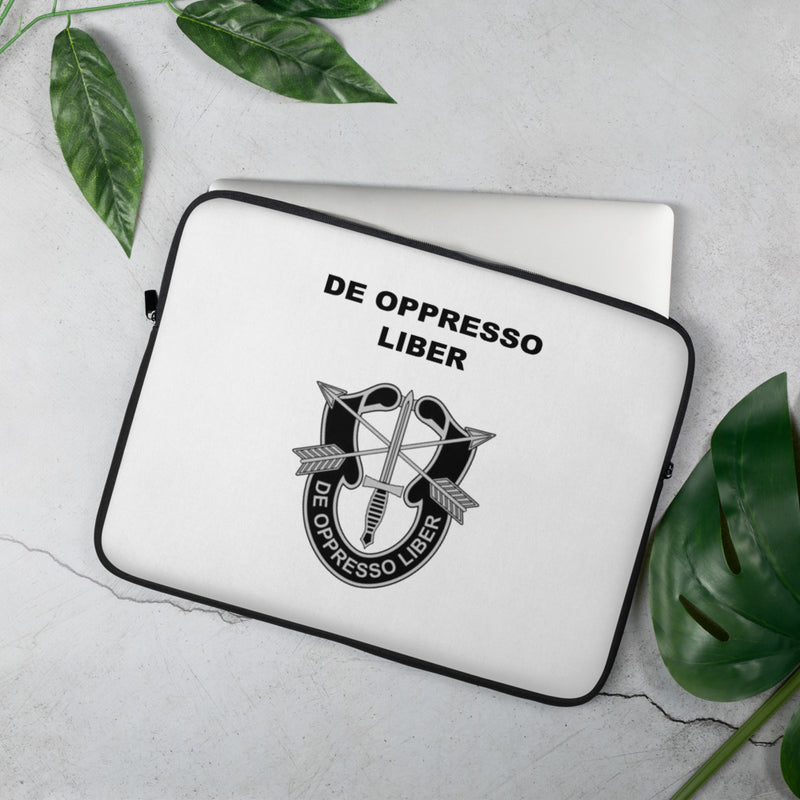 A lightweight and water-resistant white Laptop Sleeve with the De Oppresso Liber logo printed on top. The laptop sleeve is designed to fit a 15" laptop.
