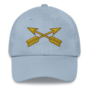 A light blue Special Forces Division Hat with the logo on the front.  The hat has a curved visor and an adjustable strap at the back.