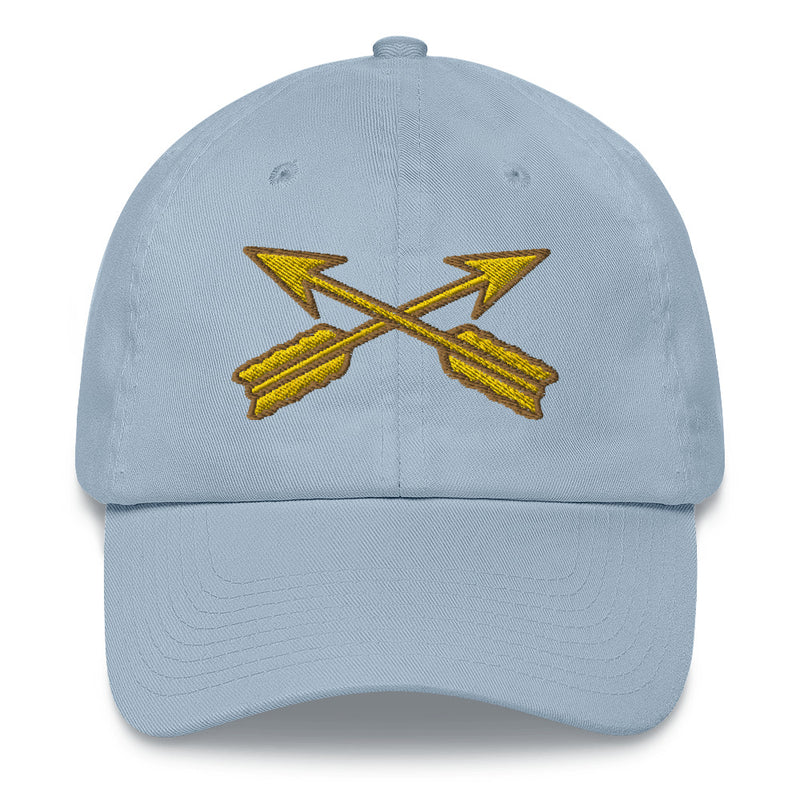 A light blue Special Forces Division Hat with the logo on the front.  The hat has a curved visor and an adjustable strap at the back.