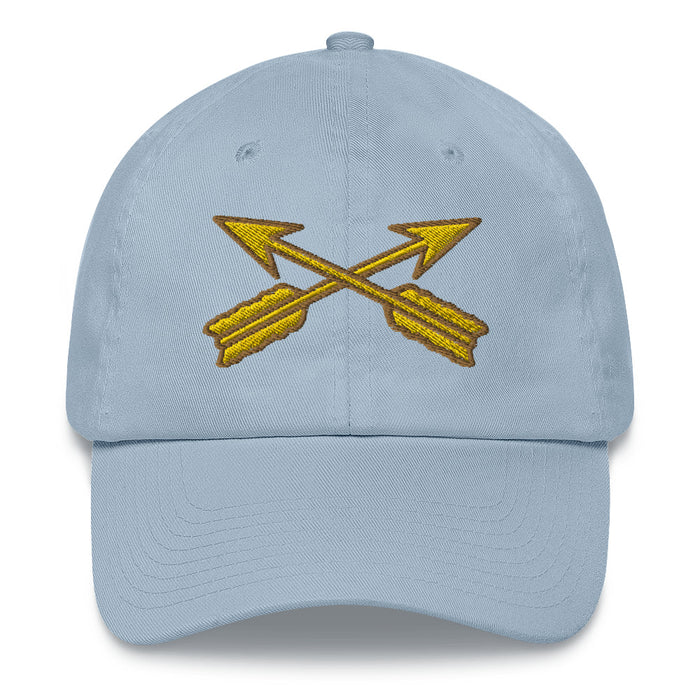 A light blue Special Forces Division Hat with the logo on the front.  The hat has a curved visor and an adjustable strap at the back.