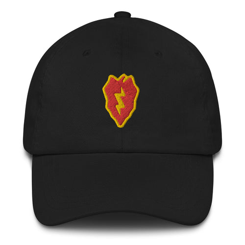 A black 25th Infantry Division Hat with the logo on the front.  The hat has a curved visor and an adjustable strap at the back.